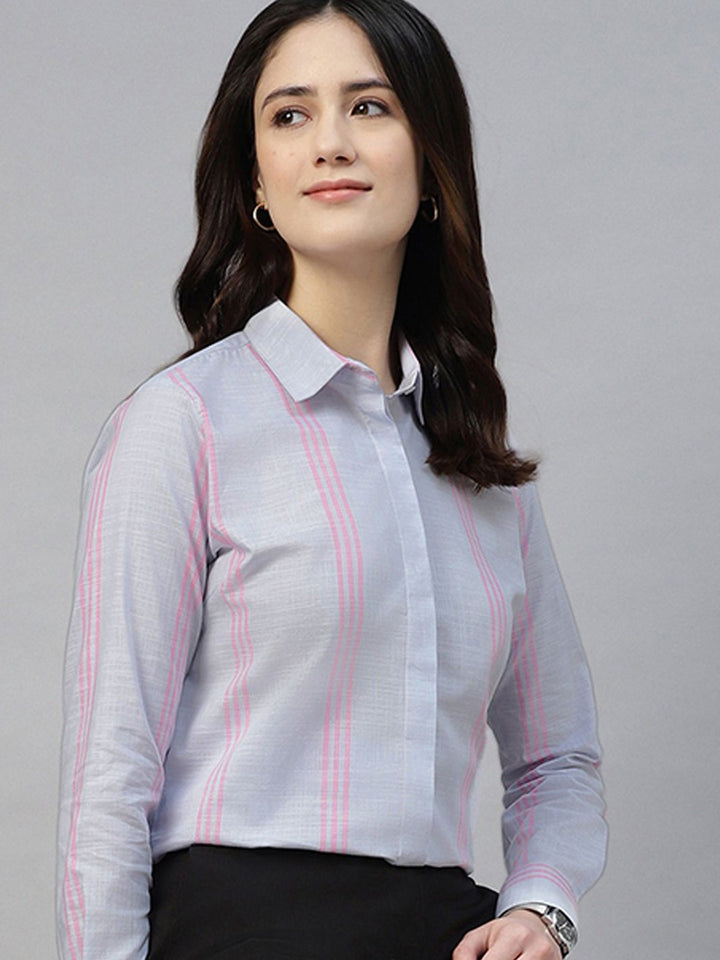 Hancock Women Blue Stripe Pure Cotton Regular Fit Formal Shirt