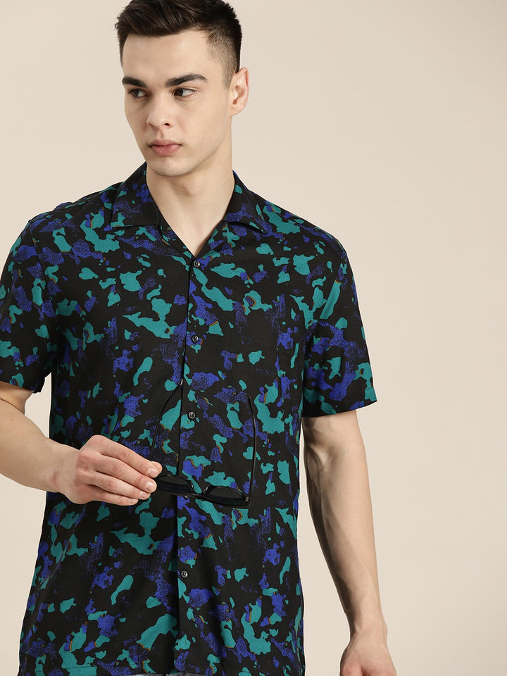 Men Black-Green Printed Viscose Rayon Regular Fit Casual Shirt