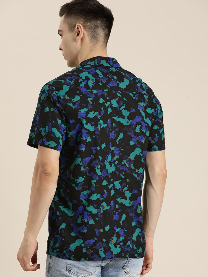 Men Black-Green Printed Viscose Rayon Regular Fit Casual Shirt