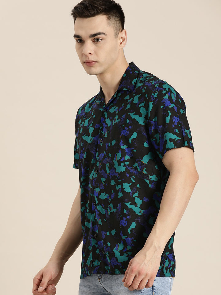 Men Black-Green Printed Viscose Rayon Regular Fit Casual Shirt