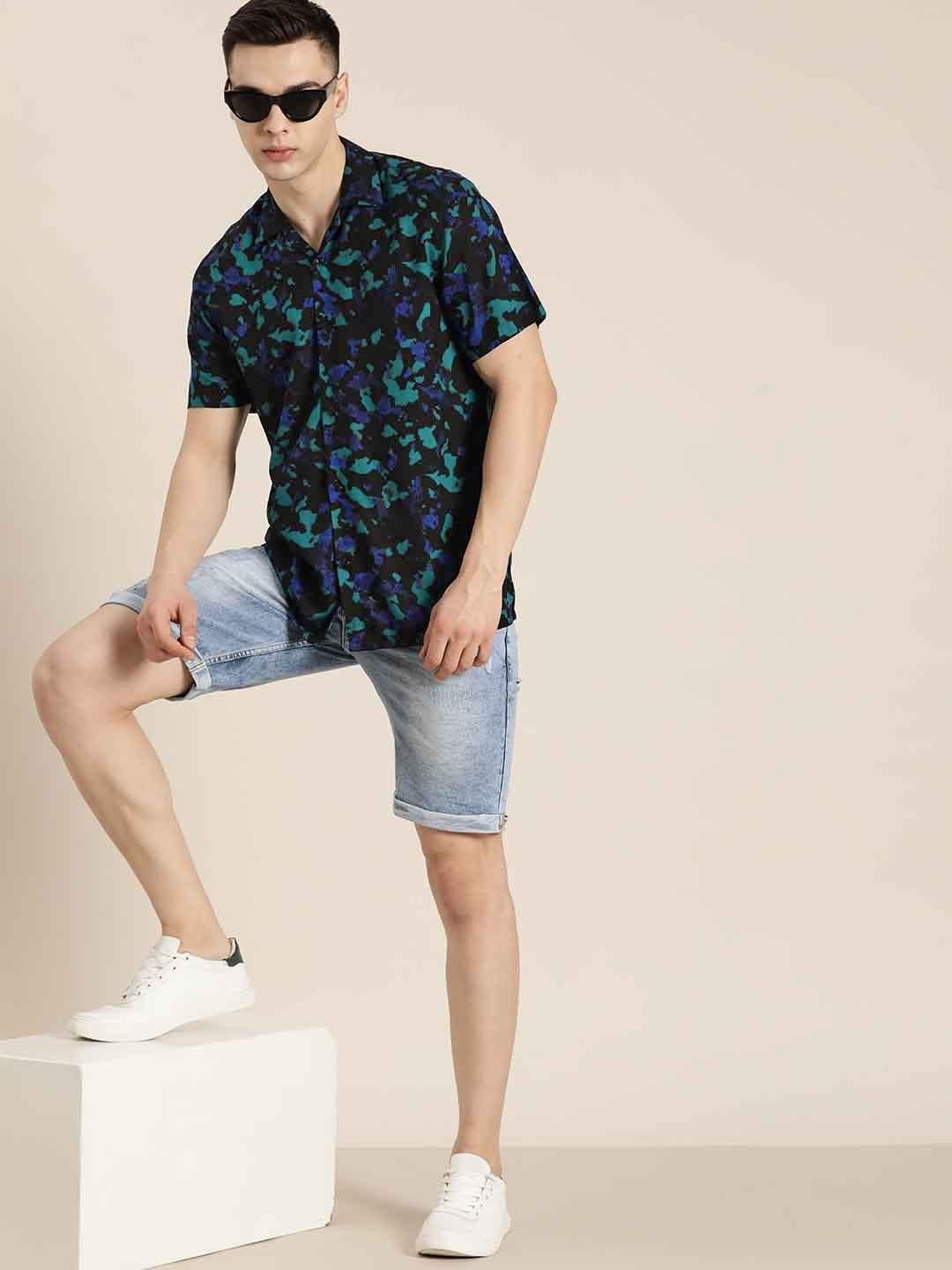 Men Black-Green Printed Viscose Rayon Regular Fit Casual Shirt