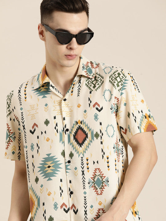 Men Beige-Green Printed Viscose Rayon Regular Fit Casual Shirt