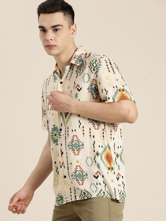 Men Beige-Green Printed Viscose Rayon Regular Fit Casual Shirt