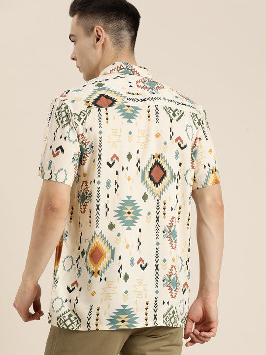 Men Beige-Green Printed Viscose Rayon Regular Fit Casual Shirt