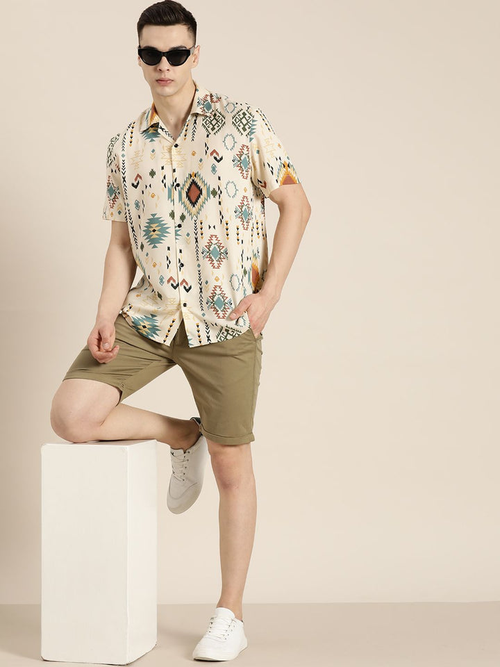 Men Beige-Green Printed Viscose Rayon Regular Fit Casual Shirt