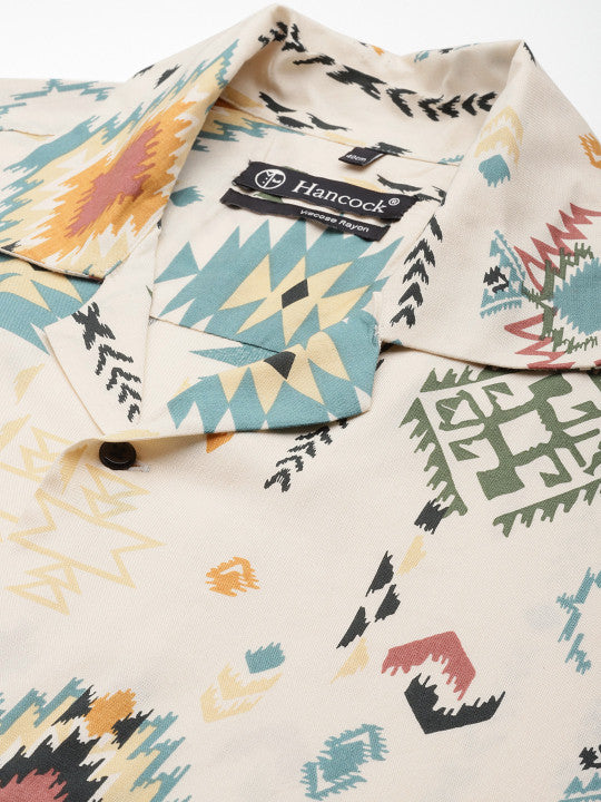 Men Beige-Green Printed Viscose Rayon Regular Fit Casual Shirt