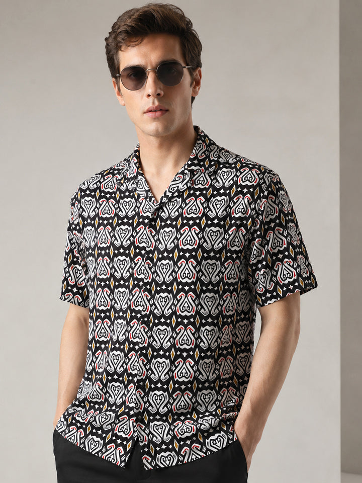 Men Black Printed Viscose Rayon Regular Fit Casual Shirt