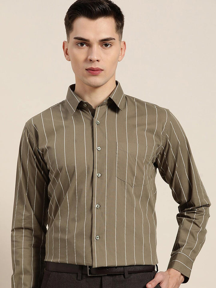 Hancock Men Olive Striped Pure Cotton Relaxed Fit Formal Shirt