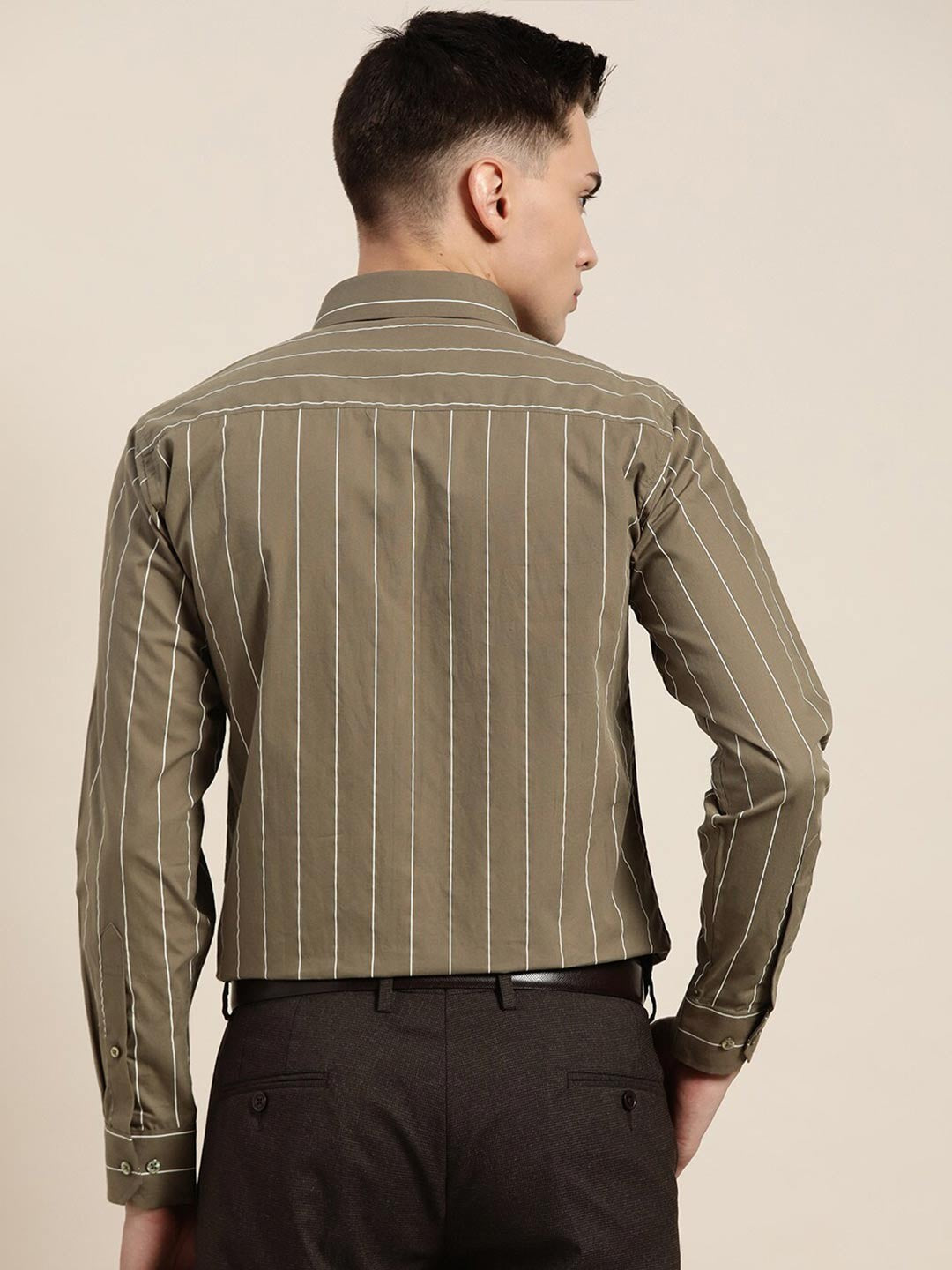 Hancock Men Olive Striped Pure Cotton Relaxed Fit Formal Shirt