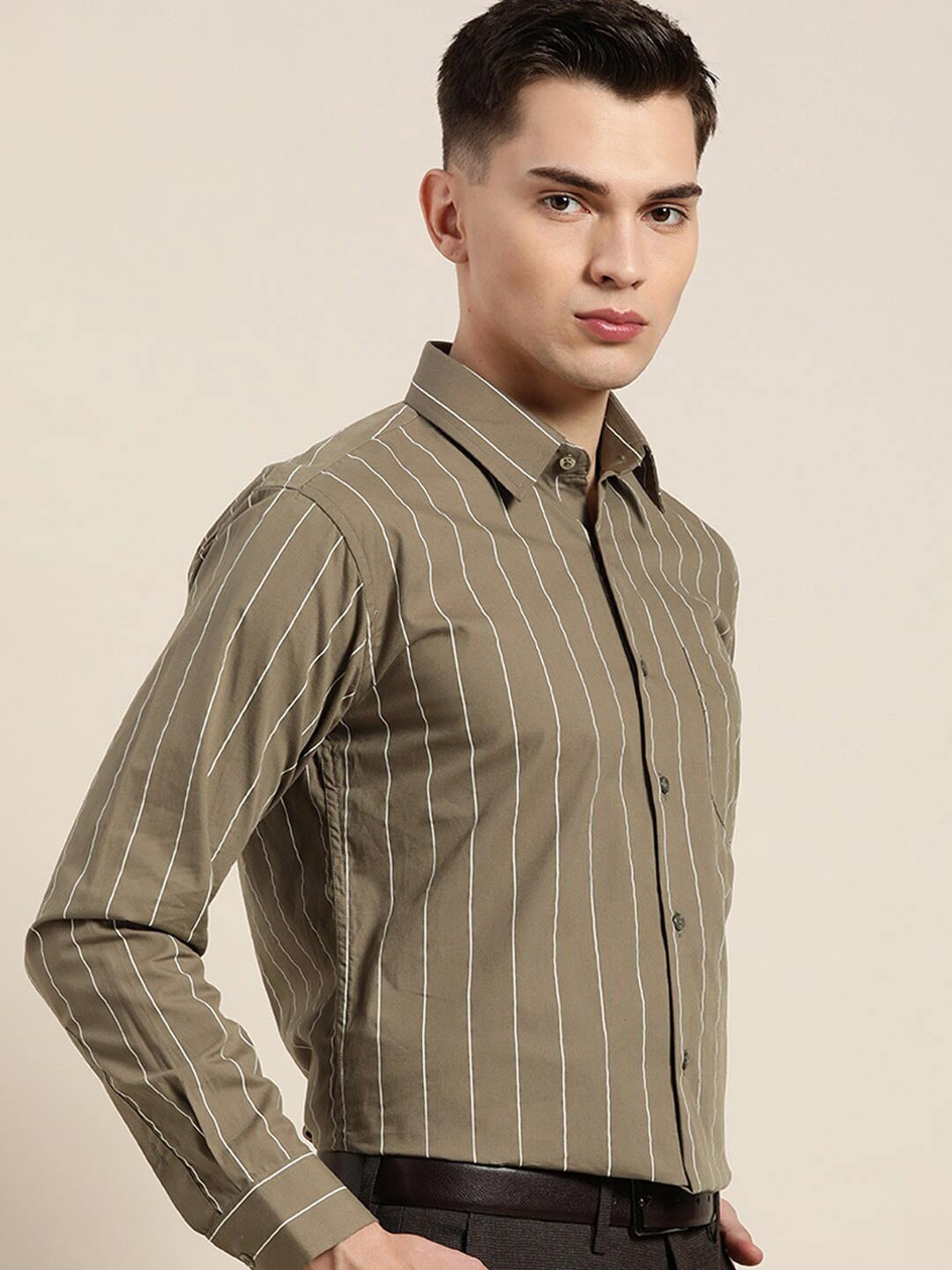 Hancock Men Olive Striped Pure Cotton Relaxed Fit Formal Shirt
