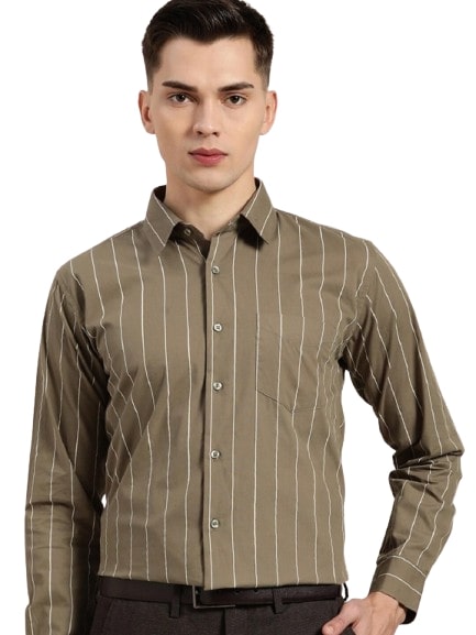 Hancock Men Olive Striped Pure Cotton Relaxed Fit Formal Shirt