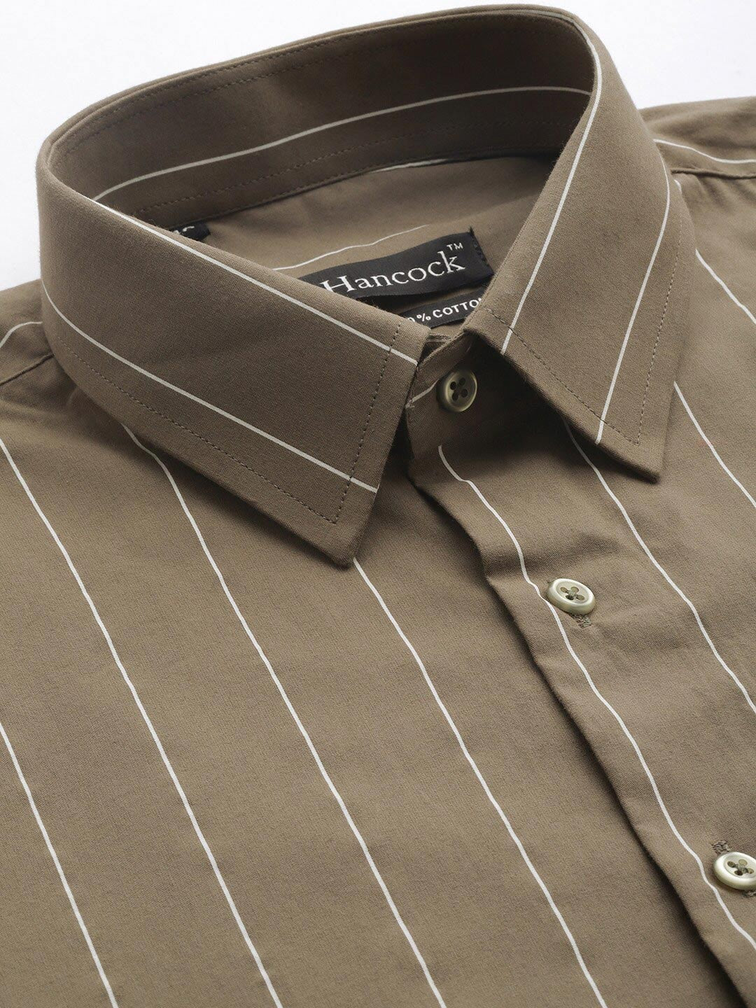 Hancock Men Olive Striped Pure Cotton Relaxed Fit Formal Shirt