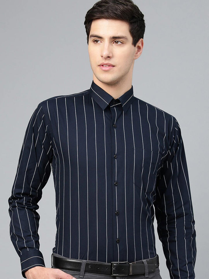 Hancock Men Navyblue Striped Pure Cotton Relaxed Fit Formal Shirt