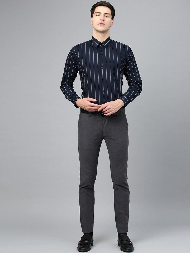 Hancock Men Navyblue Striped Pure Cotton Relaxed Fit Formal Shirt