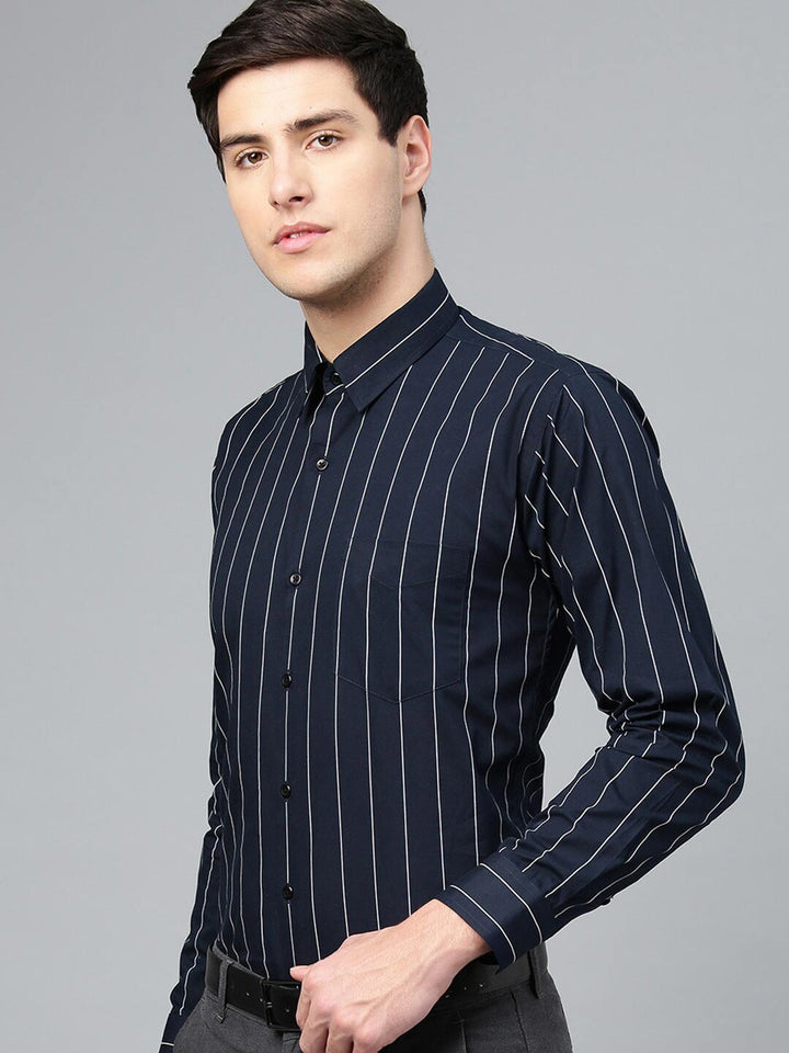 Hancock Men Navyblue Striped Pure Cotton Relaxed Fit Formal Shirt