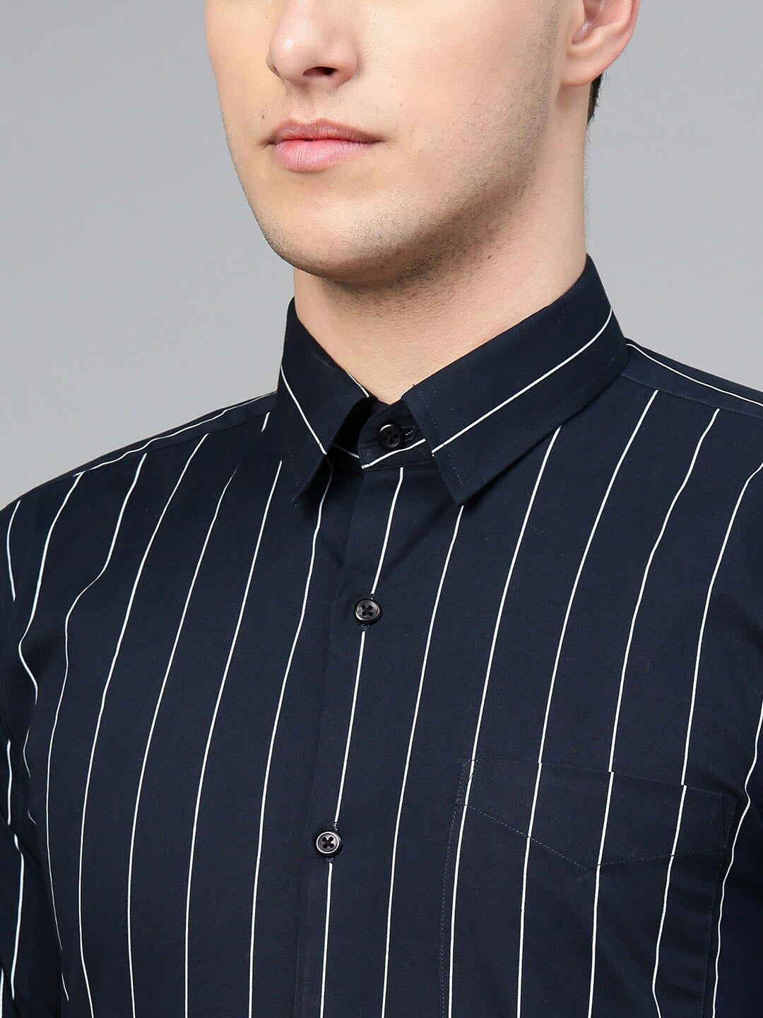 Hancock Men Navyblue Striped Pure Cotton Relaxed Fit Formal Shirt
