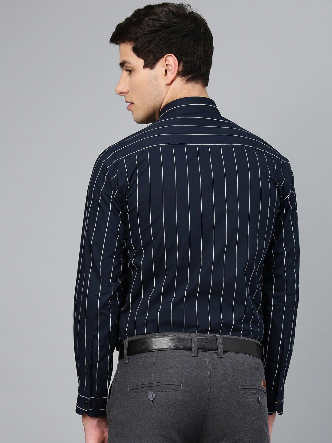 Hancock Men Navyblue Striped Pure Cotton Relaxed Fit Formal Shirt