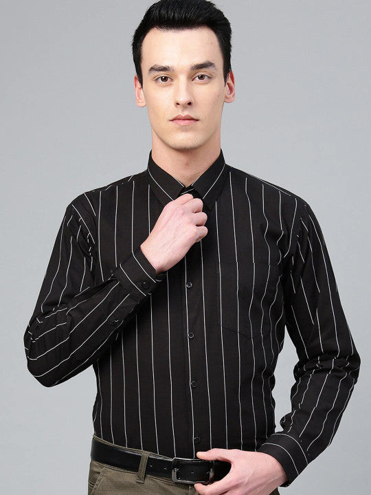 Hancock Men Black Striped Pure Cotton Relaxed Fit Formal Shirt