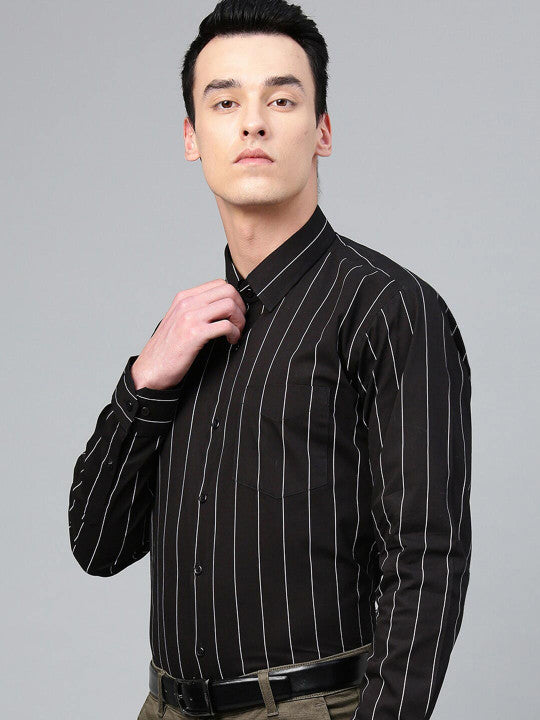 Hancock Men Black Striped Pure Cotton Relaxed Fit Formal Shirt