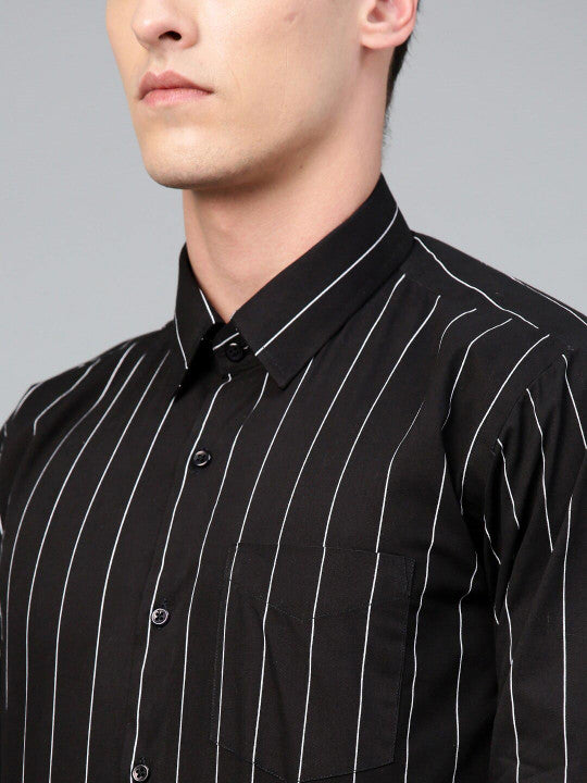 Hancock Men Black Striped Pure Cotton Relaxed Fit Formal Shirt