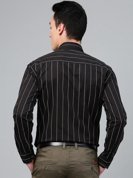Hancock Men Black Striped Pure Cotton Relaxed Fit Formal Shirt
