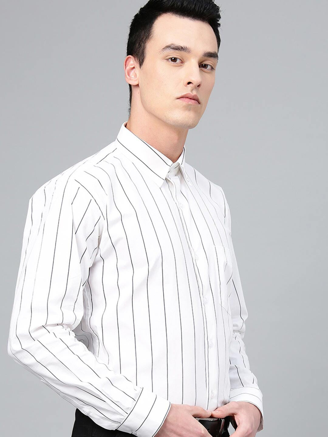 Hancock Men White Striped Pure Cotton Relaxed Fit Formal Shirt