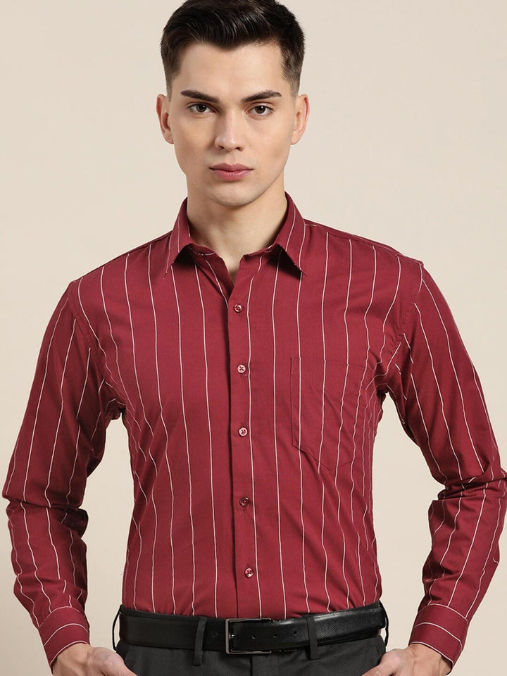 Hancock Men Maroon Striped Pure Cotton Relaxed Fit Formal Shirt