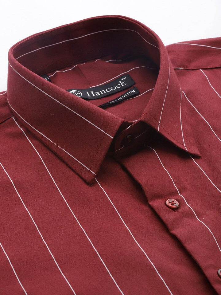 Hancock Men Maroon Striped Pure Cotton Relaxed Fit Formal Shirt
