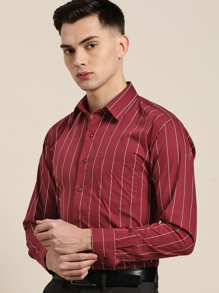 Hancock Men Maroon Striped Pure Cotton Relaxed Fit Formal Shirt