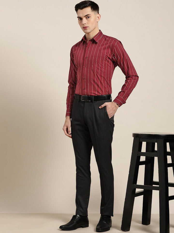 Hancock Men Maroon Striped Pure Cotton Relaxed Fit Formal Shirt