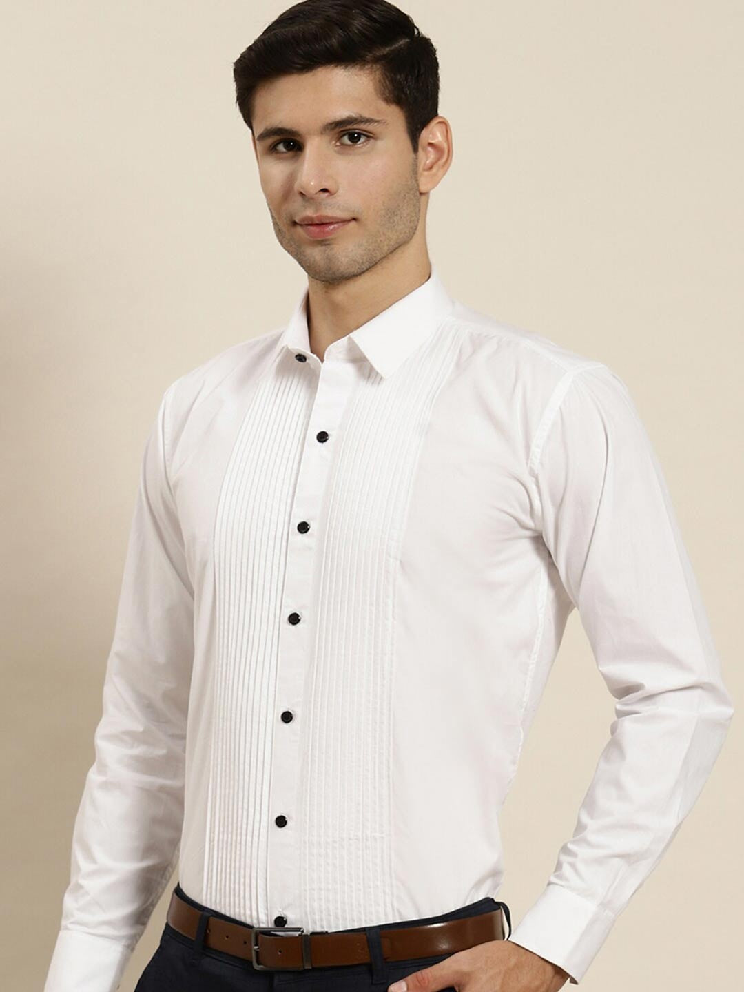Hancock Men White Striped Pure Cotton Regular Fit Party Shirt