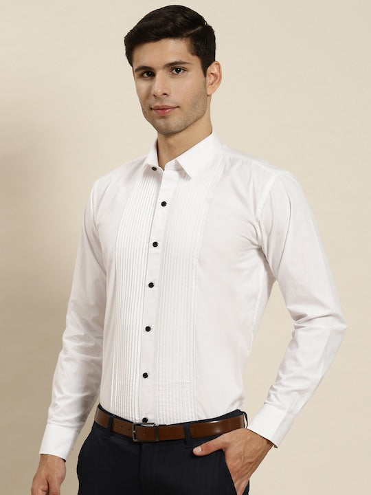 Hancock Men White Striped Pure Cotton Regular Fit Party Shirt