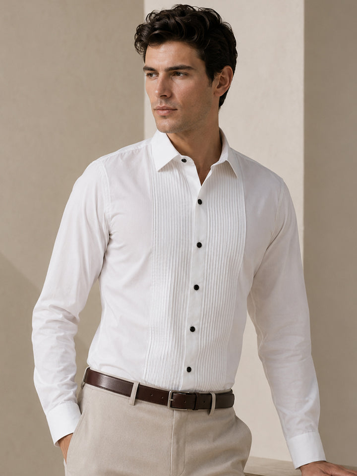 Men White Striped Pure Cotton Regular Fit Tuxedo Party Shirt