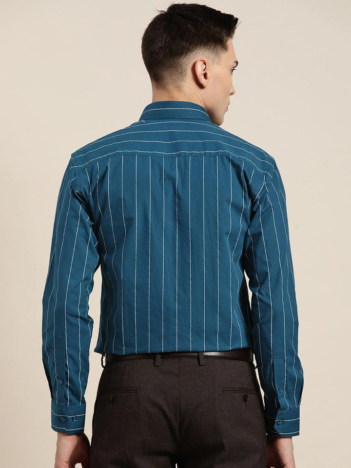 Hancock Men Turquoise Striped Pure Cotton Relaxed Fit Formal Shirt