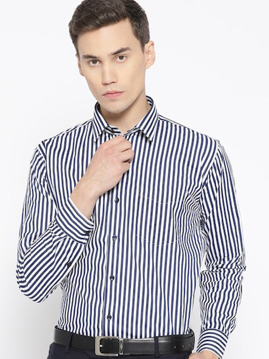 Hancock Men White-Navy Striped Pure Cotton Slim Fit Formal Shirt