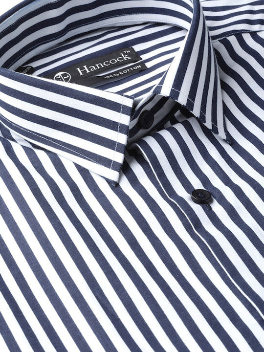 Hancock Men White-Navy Striped Pure Cotton Slim Fit Formal Shirt