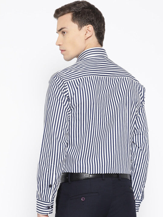 Hancock Men White-Navy Striped Pure Cotton Slim Fit Formal Shirt