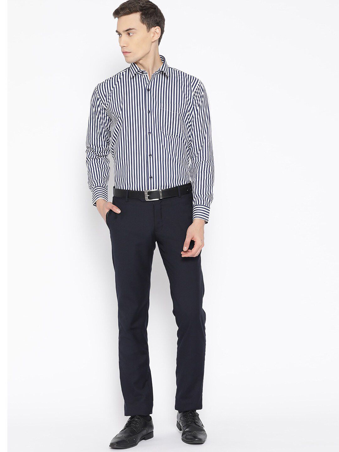 Hancock Men White-Navy Striped Pure Cotton Slim Fit Formal Shirt