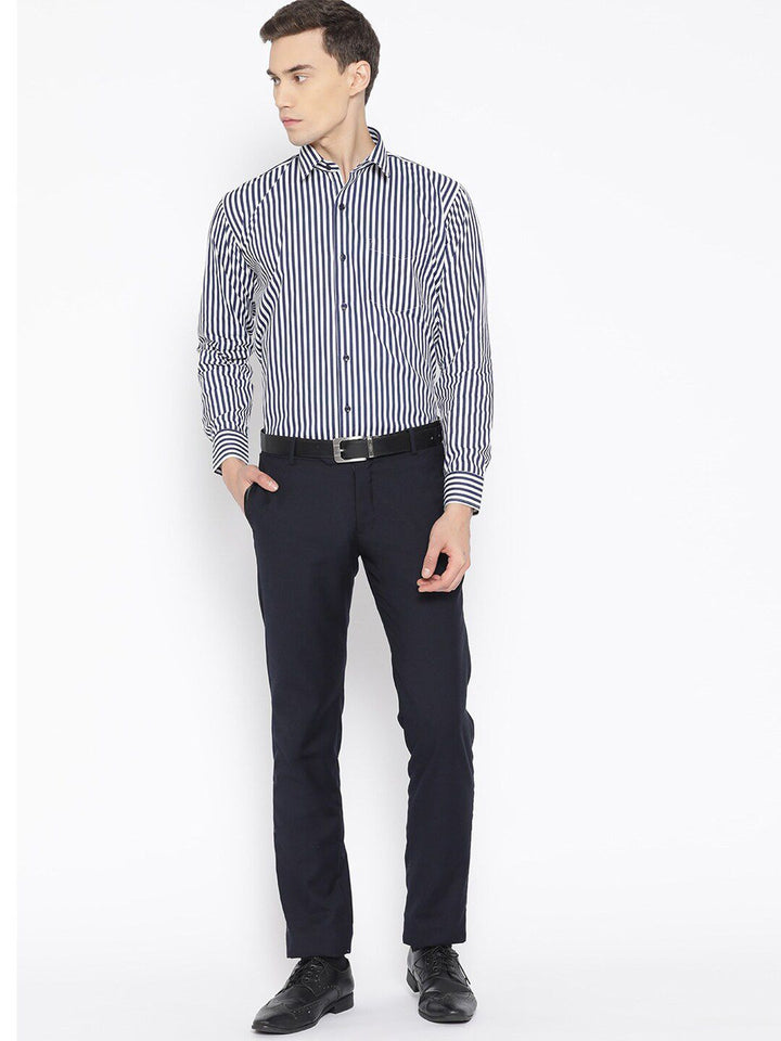 Hancock Men White-Navy Striped Pure Cotton Slim Fit Formal Shirt