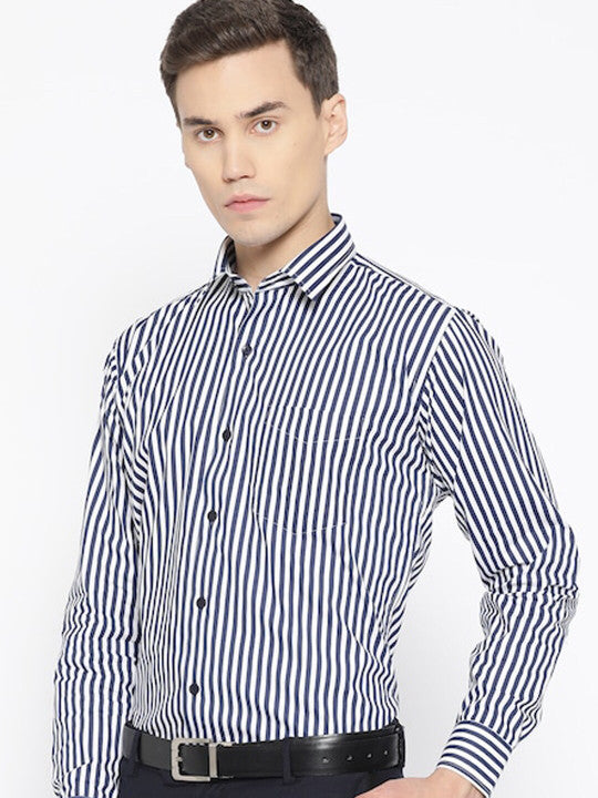 Hancock Men White-Navy Striped Pure Cotton Slim Fit Formal Shirt