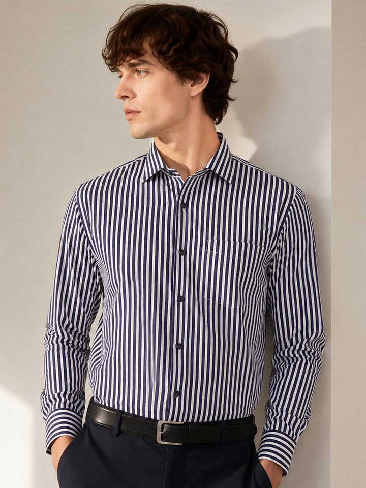 Men White & Navy Pure Cotton Striped Slim Fit Formal Shirt
