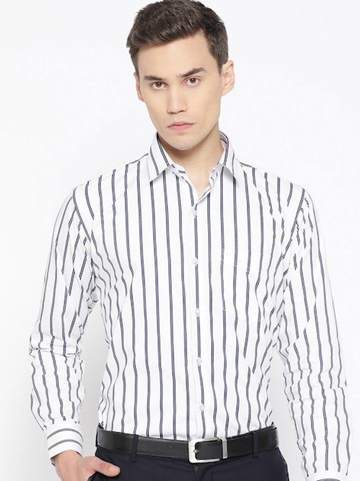 Hancock Men White-Navy Striped Pure Cotton Regular Fit Formal Shirt