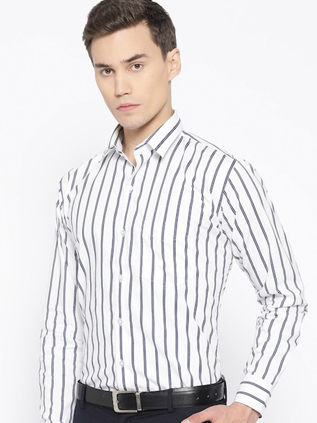 Hancock Men White-Navy Striped Pure Cotton Regular Fit Formal Shirt