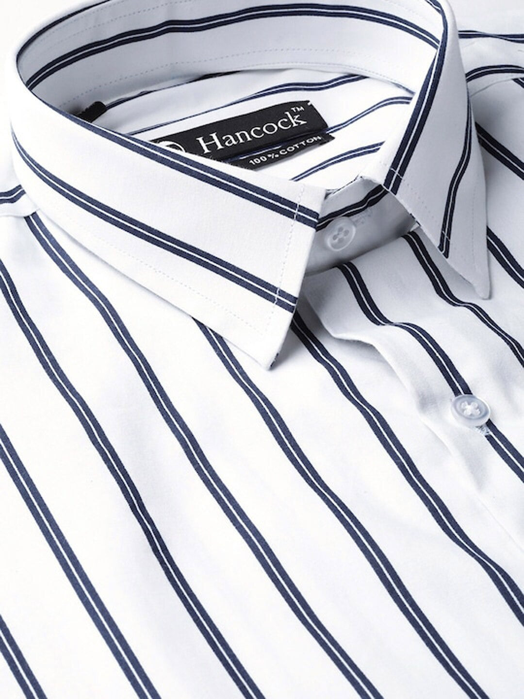 Hancock Men White-Navy Striped Pure Cotton Regular Fit Formal Shirt