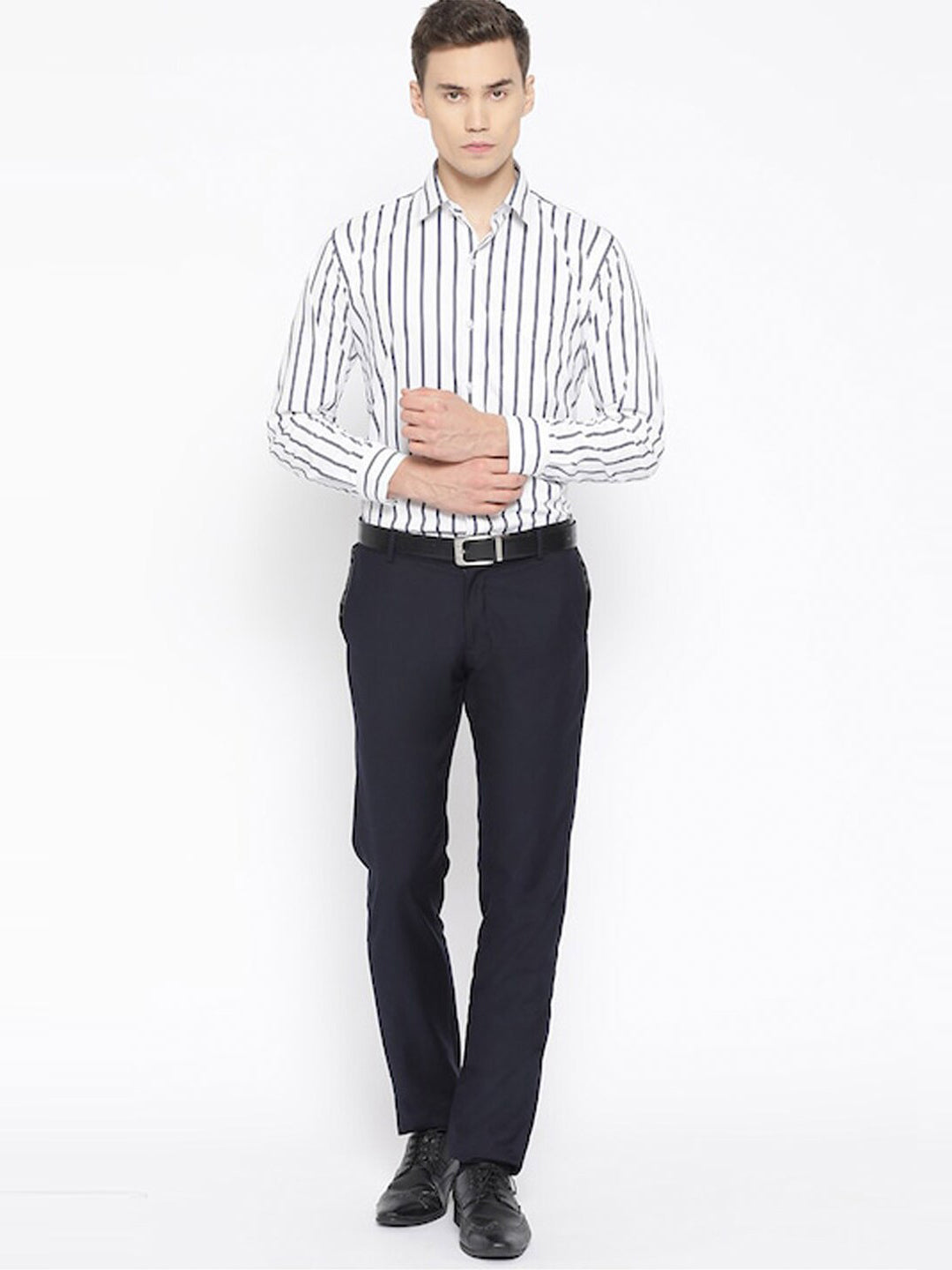 Hancock Men White-Navy Striped Pure Cotton Regular Fit Formal Shirt