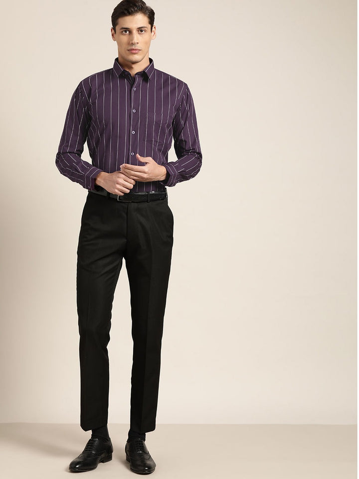 Hancock Men Wine Striped Pure Cotton Relaxed Fit Formal Shirt