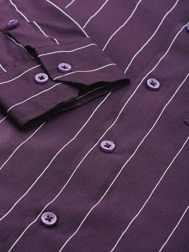 Hancock Men Wine Striped Pure Cotton Relaxed Fit Formal Shirt