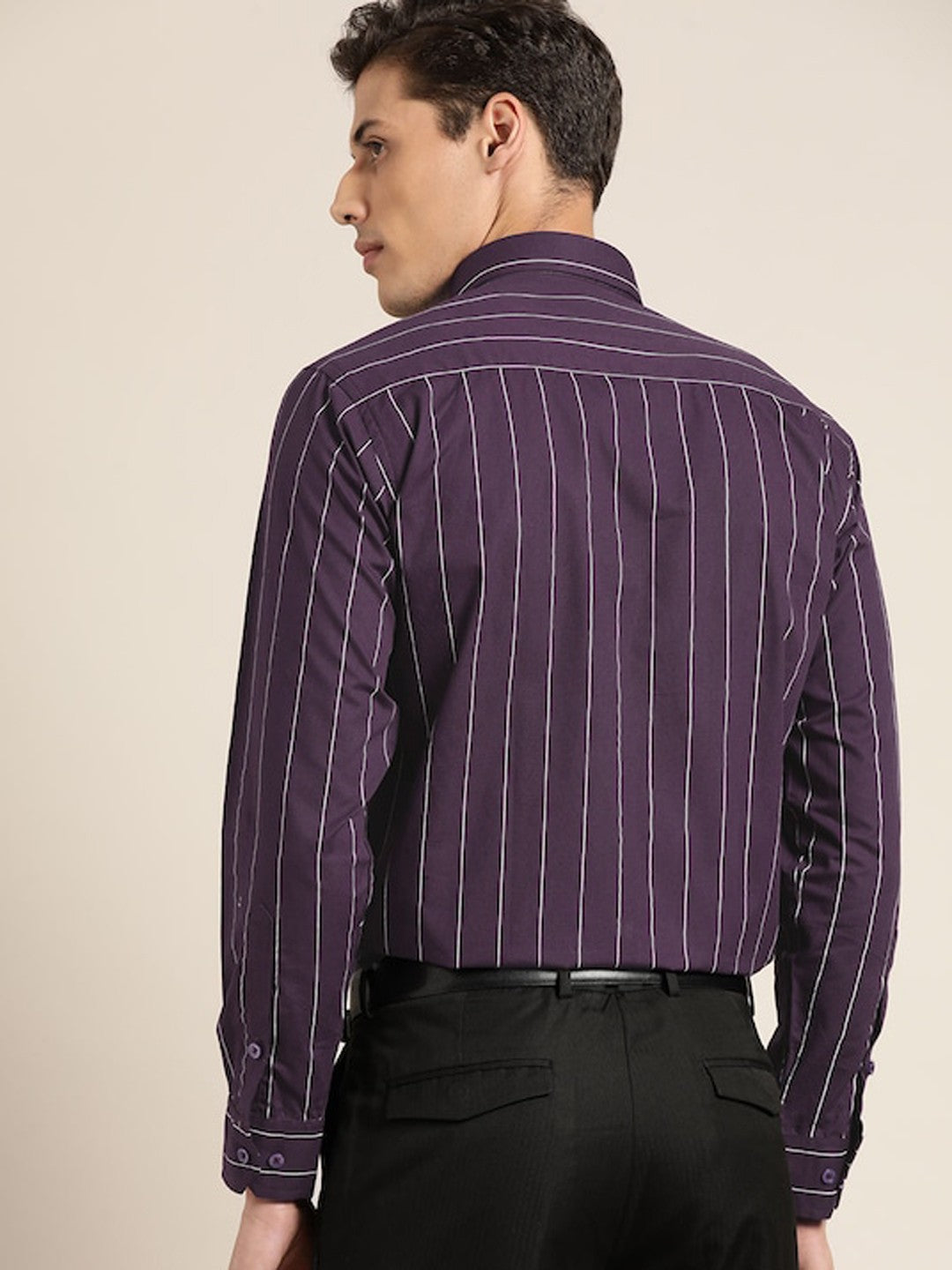 Hancock Men Wine Striped Pure Cotton Relaxed Fit Formal Shirt
