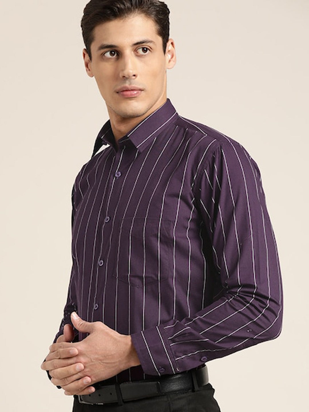 Hancock Men Wine Striped Pure Cotton Relaxed Fit Formal Shirt