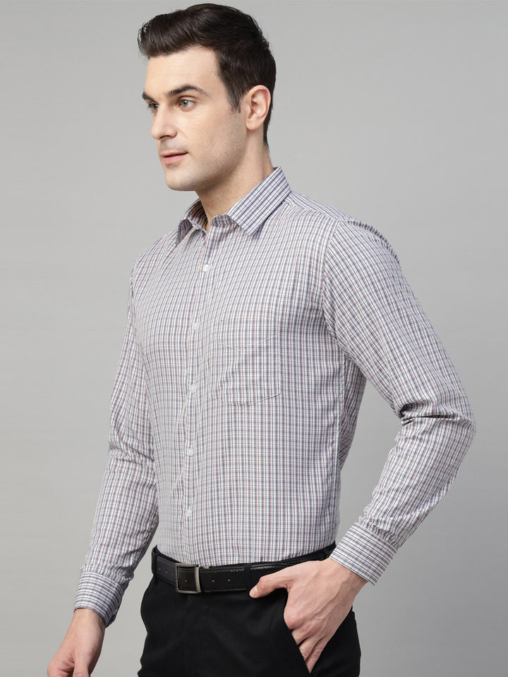 Men Grey & Navy Check Cotton Slim Fit Formal Shirt